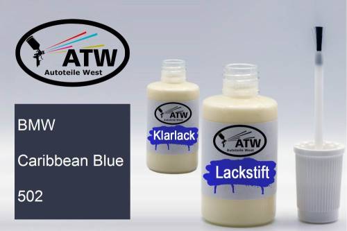 BMW, Caribbean Blue, 502: 20ml Lackstift + 20ml Klarlack - Set, von ATW Autoteile West.